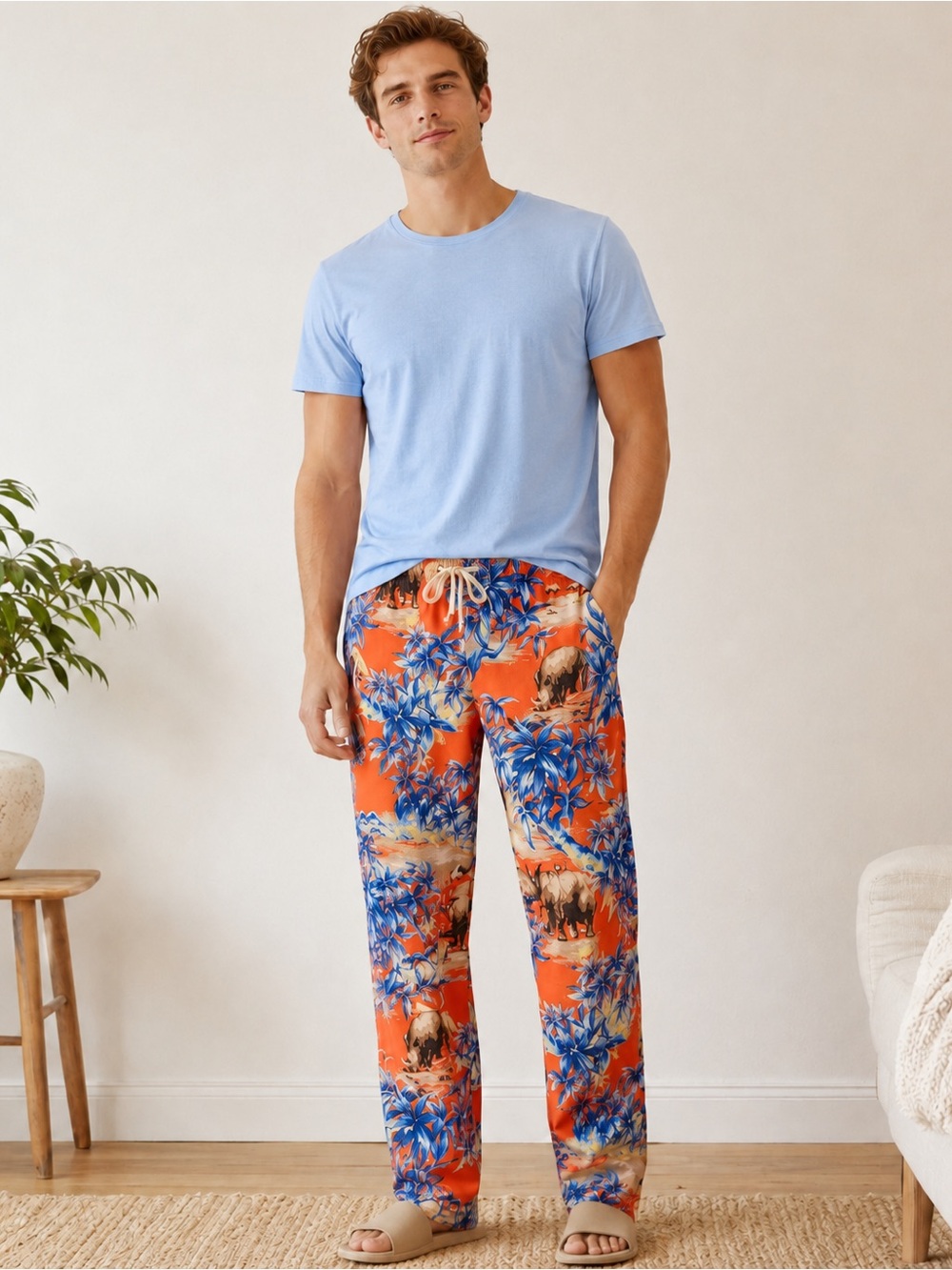 Polo Ralph Lauren Men L Cotton Pajama Pants Orange Rhino Tropical Summer Lounge